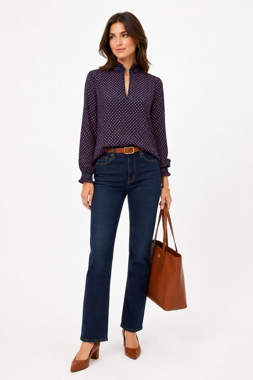 J. Crew polka dot blouse ruffled stand-up collar 2 Preppy Office Childhoodcore